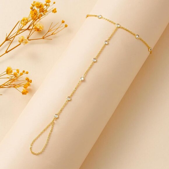 Gold Hand Chain Bracelet Womens 14K Gold Plated Dainty Waterproof Jewelry - Picture 7 of 8